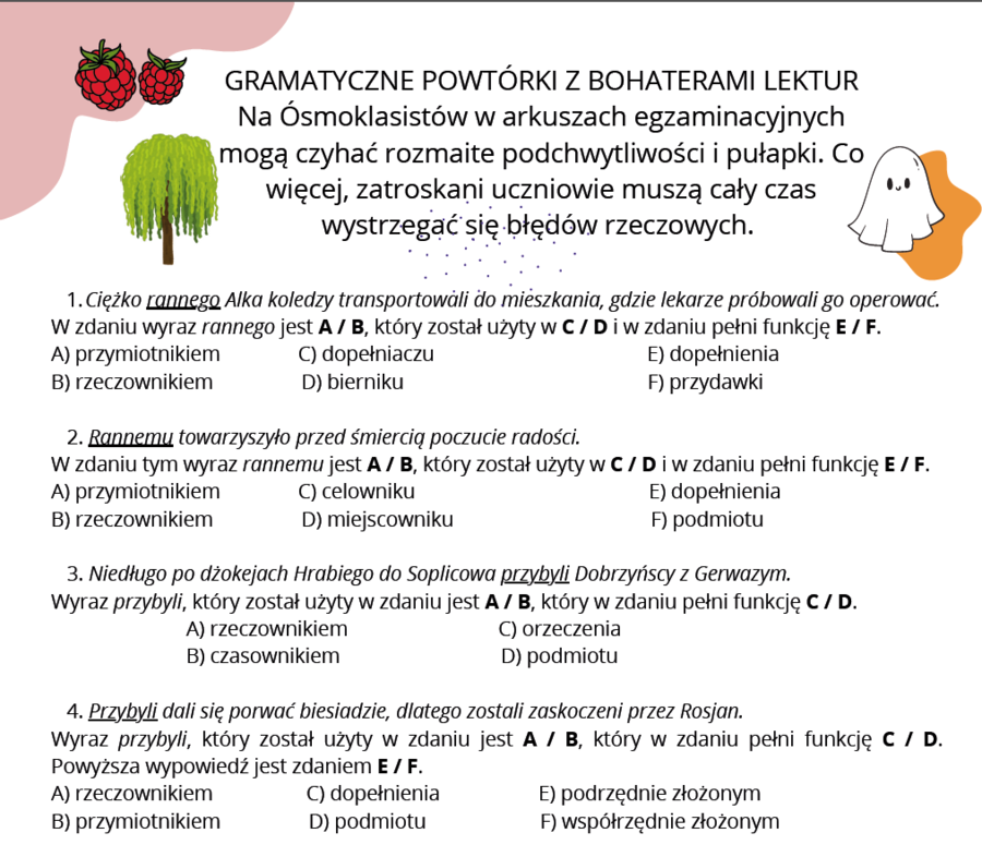Gramatyczne powtórki z bohaterami lektur (Egzamin Ósmoklasisty)