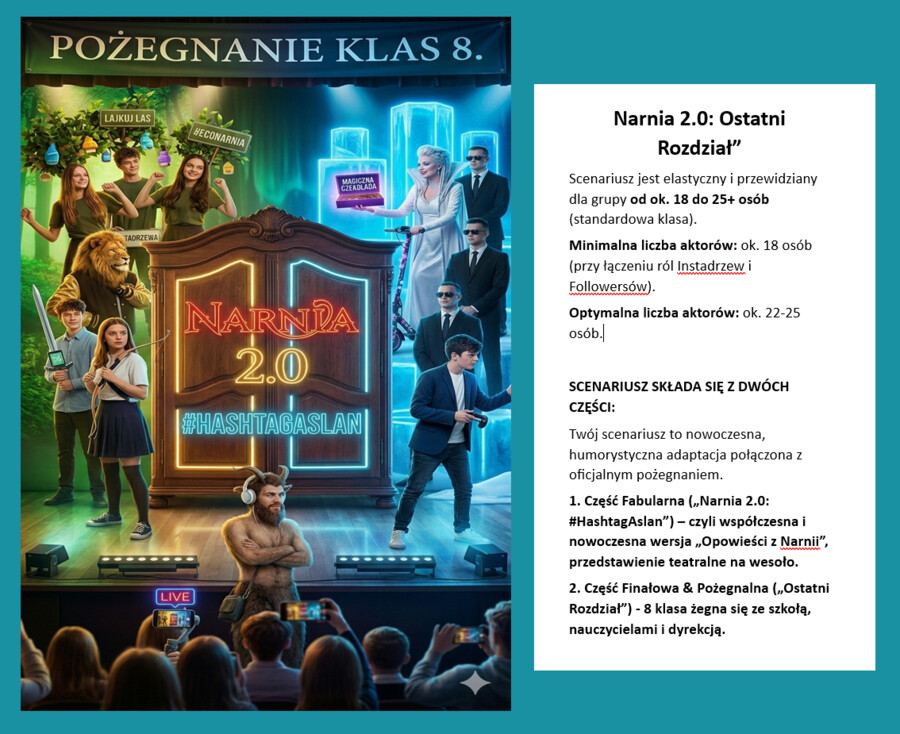 Opowieści z Narni. Scenariusz przedstawienia na wesoło + pożegnanie nauczycieli przez klasę 8, również w stylu Narnii.