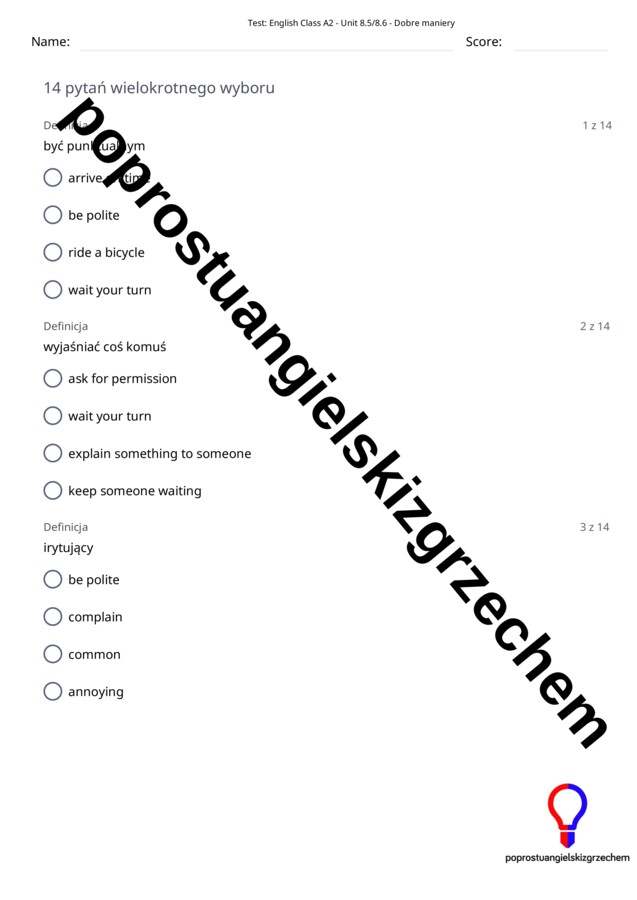 English Class A2 – Unit 8 – testy