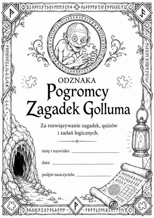Certyfikaty/ Dyplomy inspirowane lekturą "Hobbit" czarno-białe
