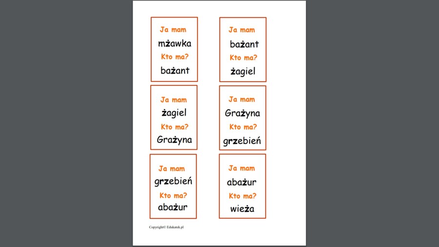 Zestaw kart typu kto ma, ja mam – głoski szumiące