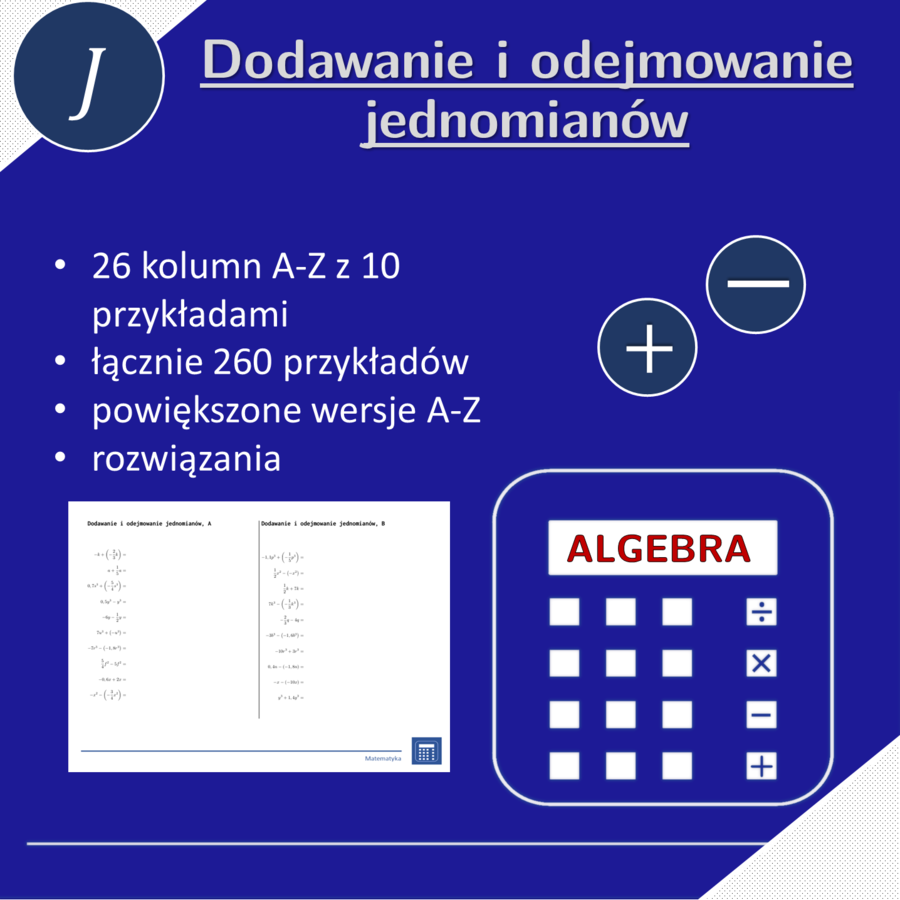 Dodawanie i odejmowanie jednomianów | matematyka, algebra | 26 kolumn