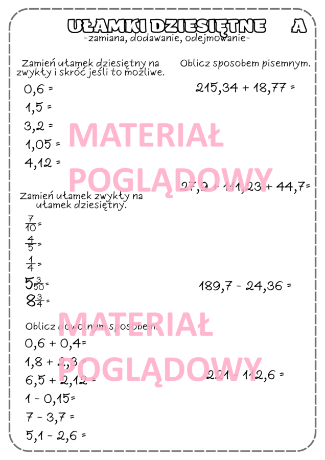 Ułamki dziesiętne - zamiana ułamków, dodawanie i odejmowanie. Karta pracy/kartkówka klasa 4,5