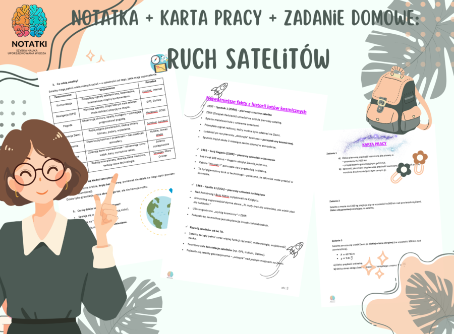 Notatka + karta pracy + zadanie domowe: Ruch satelitów