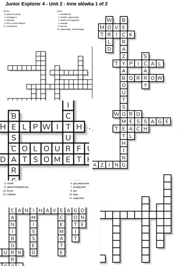 Junior Explorer 4 – Unit 2 – krzyżówki – Ulubione przedmioty i zabawy/Księga zwrotów/Inne słówka