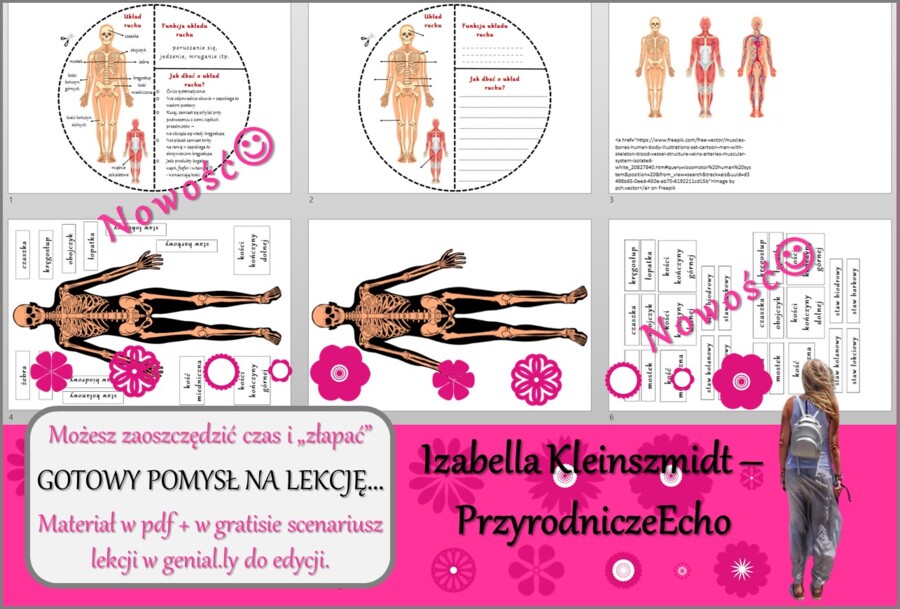 Pomysł na lekcję/karta pracy/stacje zadaniowe/materiał do lekcji do tematu „Szkielet i mięśnie umożliwiają ruch” w pdf. W gratisie niekomercyjny scenariusz lekcji/pomysł na lekcję w programie genial.ly do edycji. Przyroda 4. Dział „Odkrywamy tajemnice ci