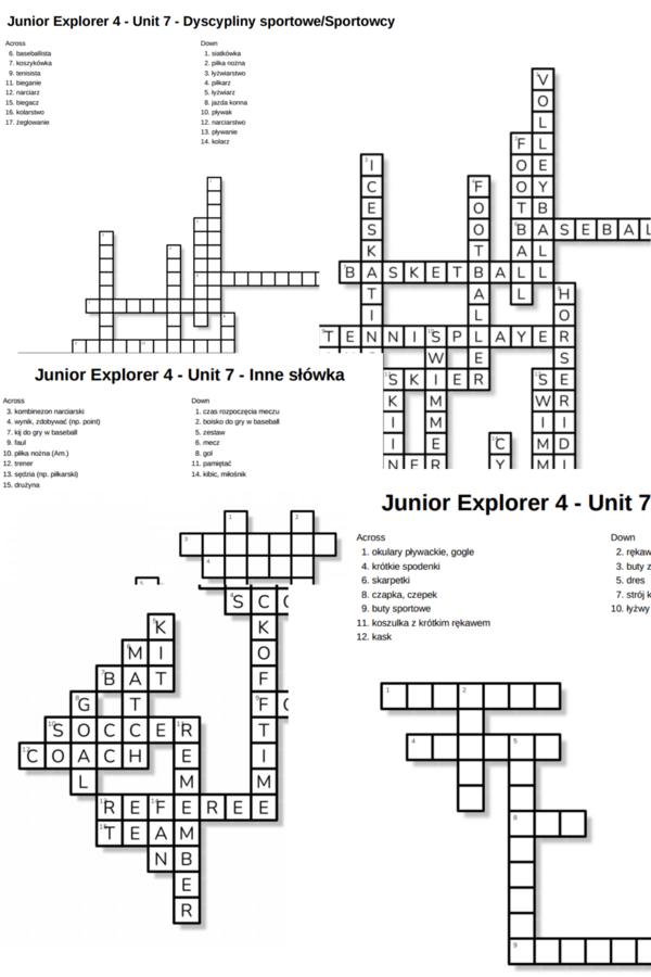 Junior Explorer 4 – Unit 7 – krzyżówki – Dyscypliny sportowe_Sportowcy/Sprzęt i ubrania/Inne słówka