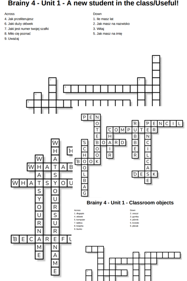 Brainy 4 – Unit 1 – krzyżówki – A new student in the class_Useful!/Classroom objects