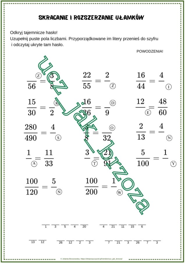 Skracanie i rozszerzanie ułamków, klasa 4, karta pracy z hasłem