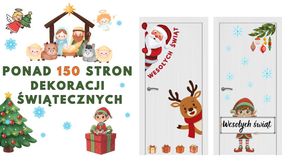 Zestaw świątecznych ozdób – ponad 150 stron dekoracji do druku! 🎄 Na drzwi, okna, gazetkę szkolną, korytarz i każde miejsce, które potrzebuje świątecznego klimatu!