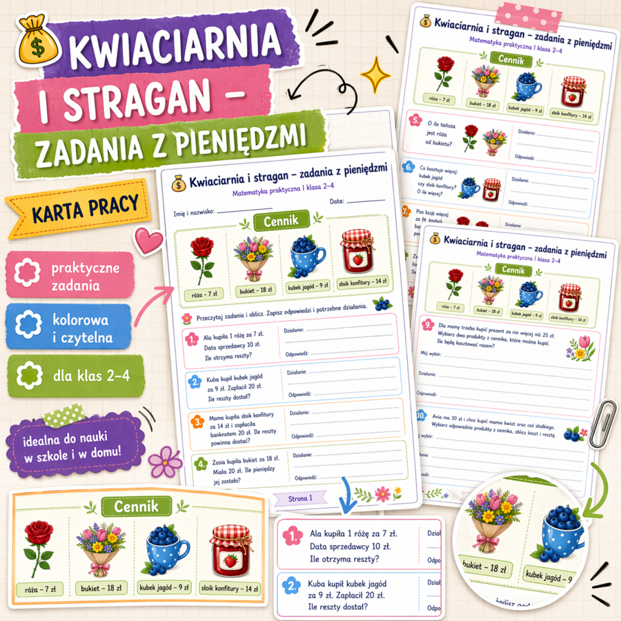 Kwiaciarnia i stragan – zadania z pieniędzmi