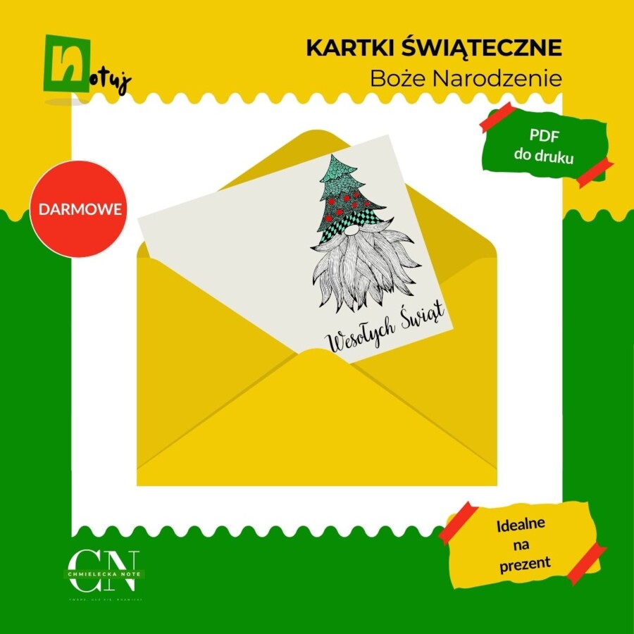 Ręcznie Rysowane Kartki Świąteczne do Wydruku – Gnom i Bombka w Formacie A5