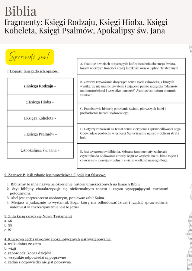 Biblia - opracowanie maturalne (fragmenty - Księgi Rodzaju, Księgi Hioba, Księgi Koheleta, Księgi Psalmów, Apokalipsy św. Jana - 12 stron)