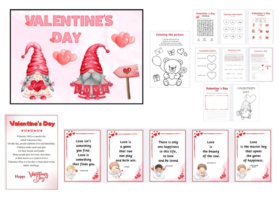 VALENTINE'S DAY dekoracja na gazetkę, informacja o walentynkach po angielsku, plakaty z cytatami, karty pracy