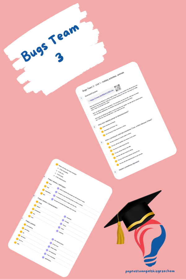 Bugs Team 3 – Unit 1 – karta pracy – holiday activities, animals
