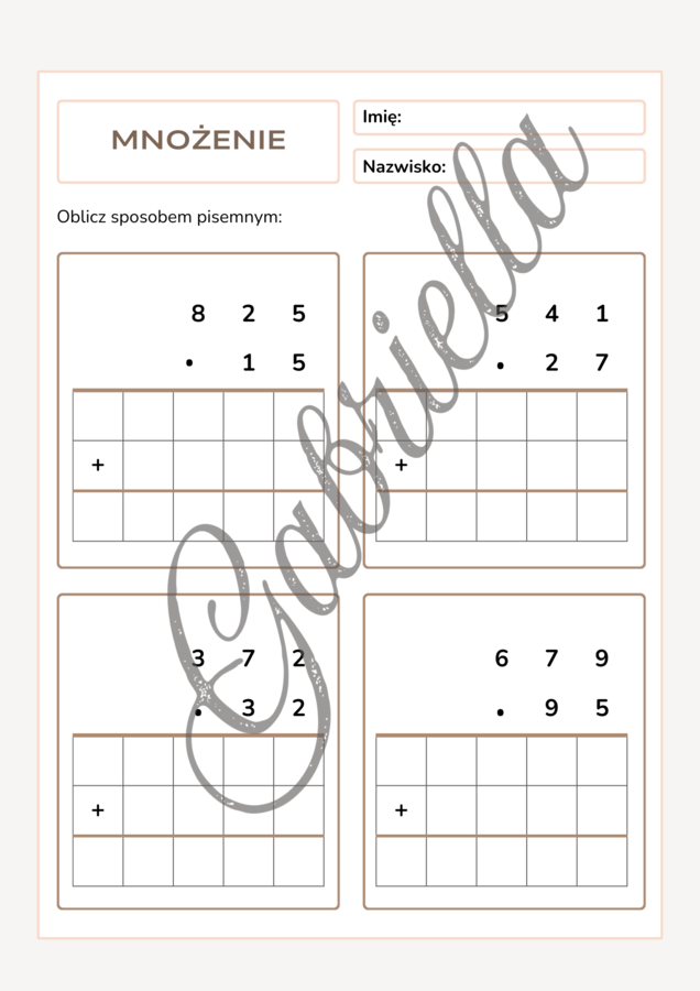 Karta pracy mnożenie pisemne przez liczbę dwucyfrową klasa 4