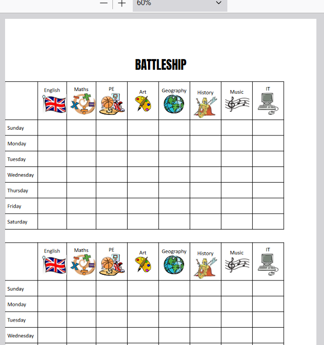Battleship - school subjects, have got, the days of the week (GRA W STATKI)
