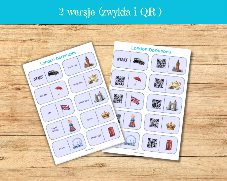London Landmarks and Symbols - Domino. Symbole i Zabytki Londynu. 2 wersje. Zywkła. Kod QR