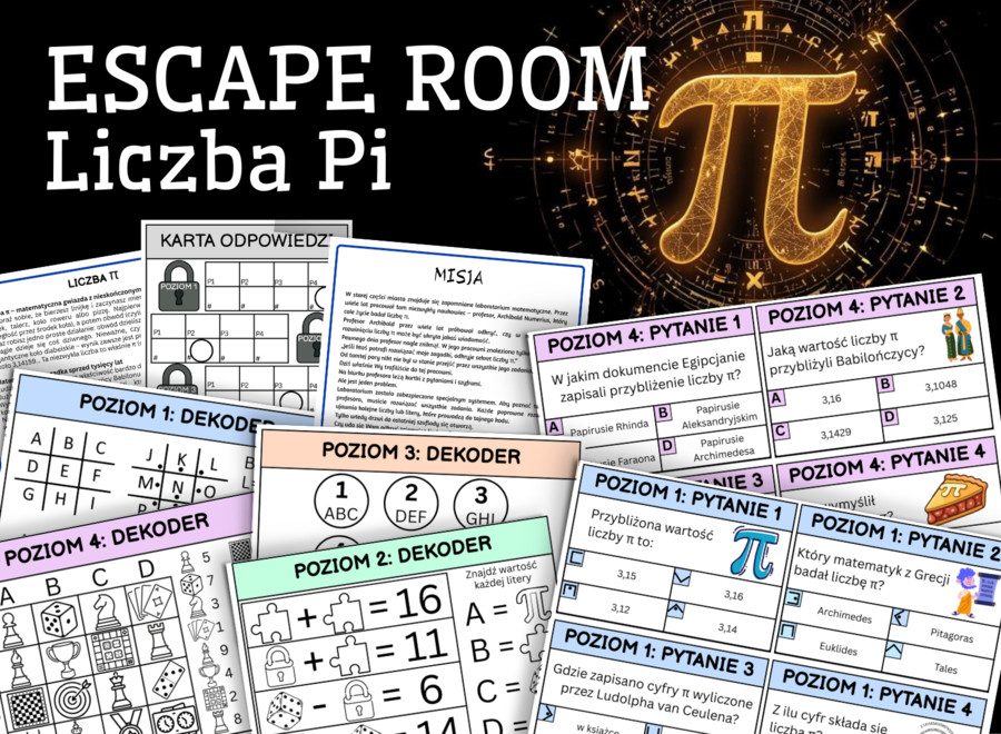 ESCAPE ROOM, STACJE ZADANIOWE - LICZBA PI - Szyfry, Łamigłówki, klasa 3,4,5,6,7,8, zabawa, koniec roku, początek roku, dzień liczby pi, dzień matematyki, zastępstwo