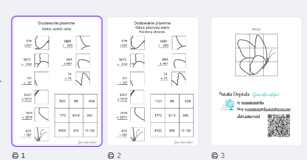 Dodawanie pisemne - karta pracy Motyl