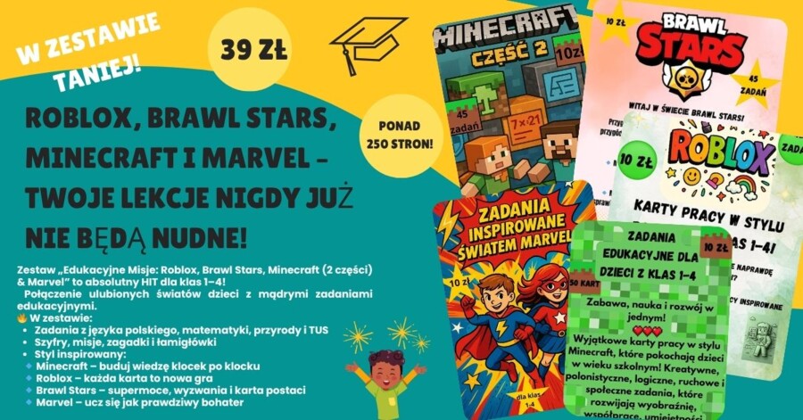 Edukacyjne Misje: Roblox, Brawl Stars, Minecraft (2 części) & Marvel” to absolutny HIT dla klas 1–4