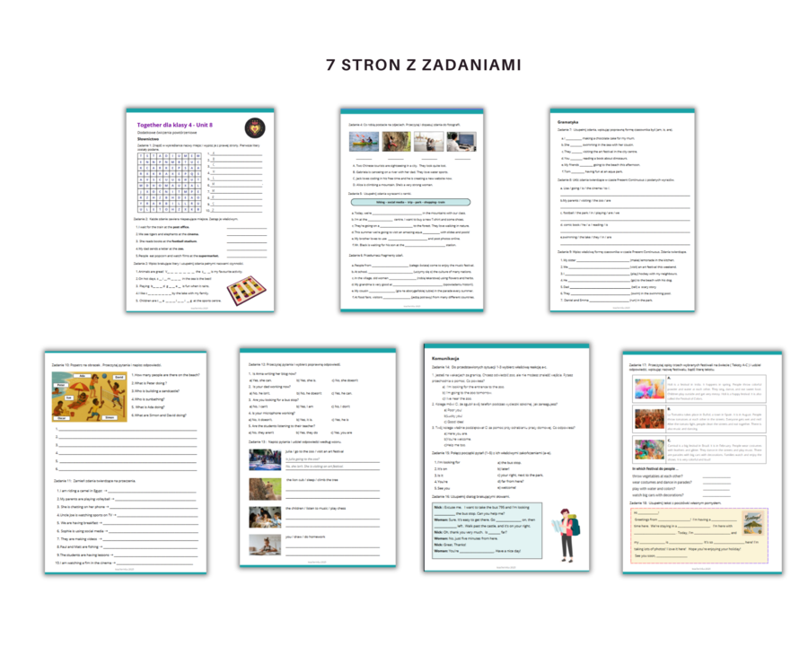 Together klasa 4 Unit 8 Dodatkowe zadania powtórzeniowe słownictwo gramatyka komunikacja miejsca w mieście nazwy czynności wykonywanych w wolnym czasie Present Continuous