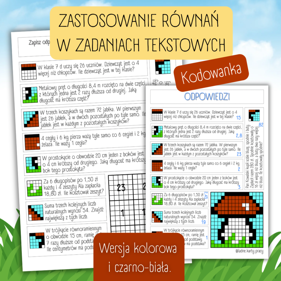 ZASTOSOWANIE RÓWNAŃ W ZADANIACH TEKSTOWYCH - kodowanka - egzamin ósmoklasisty / dzień ziemi / równania
