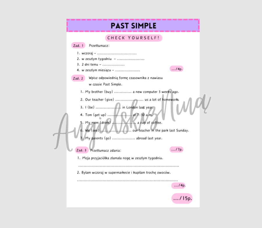 Past Simple – Check yourself! – kartkówka – test – karta pracy – ćwiczenia – powtórzenie – kl. 4, 5, 6 – A2