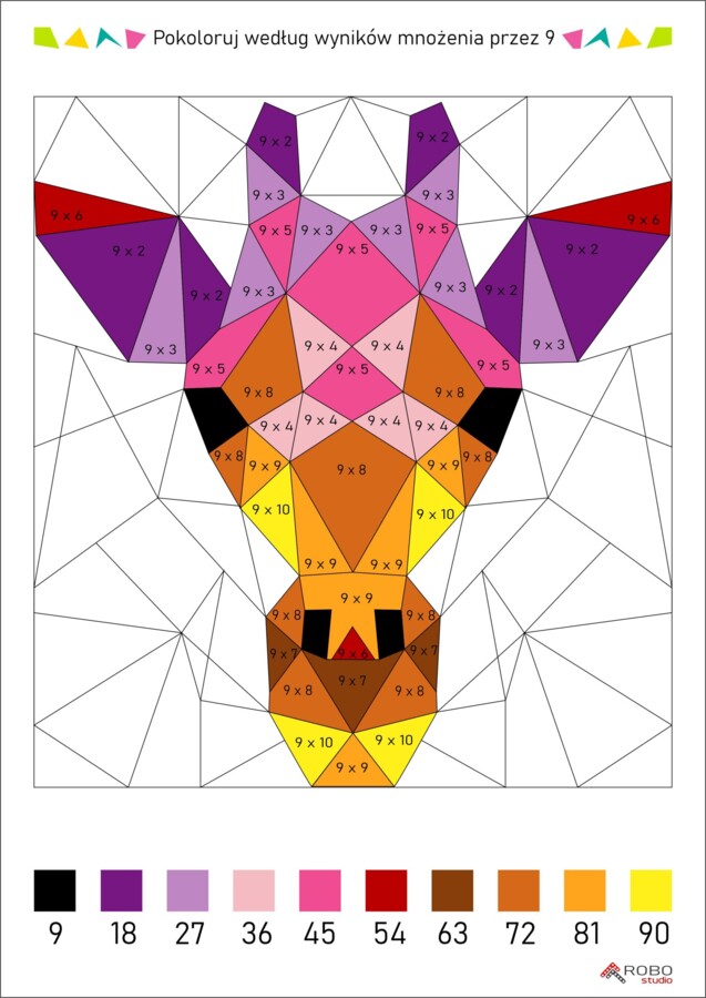 Tabliczka mnożenia, mnożenie przez 9, wielokrotności, kolorowanka żyrafa