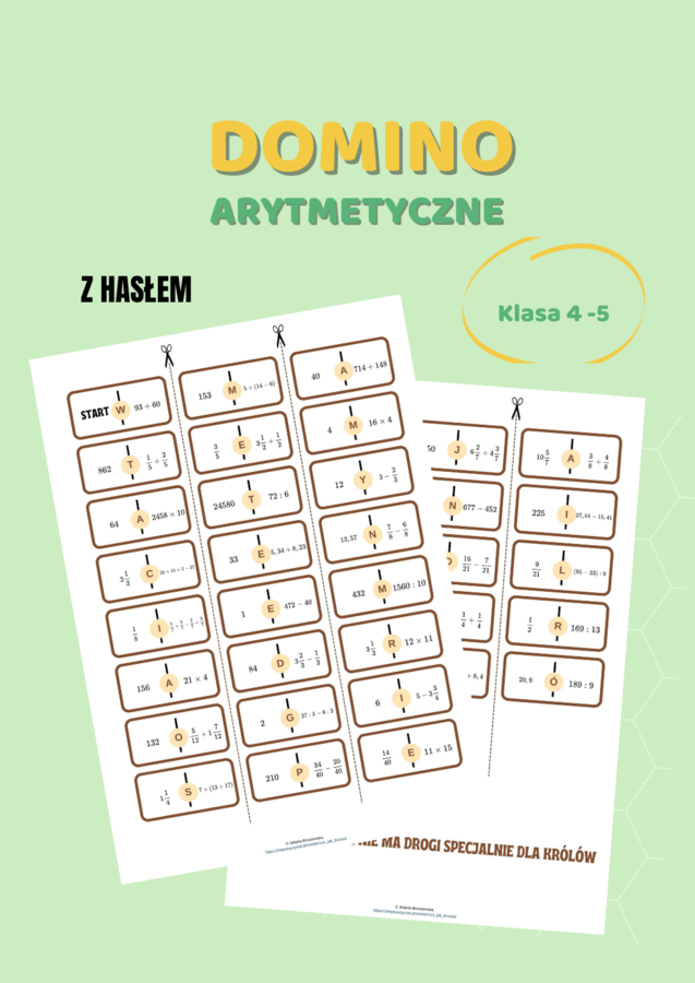 Domino arytmetyczne z hasłem. Pierwsza lekcja matematyki w klasie 5.