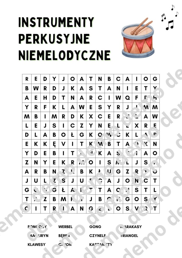 Muzyka, klasa 4. Instrumenty perkusyjne. Karty pracy: dwie wykreślanki.