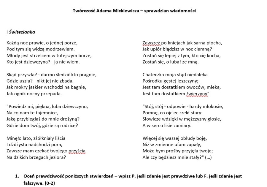 Twórczość Adama Mickiewicza - sprawdzian