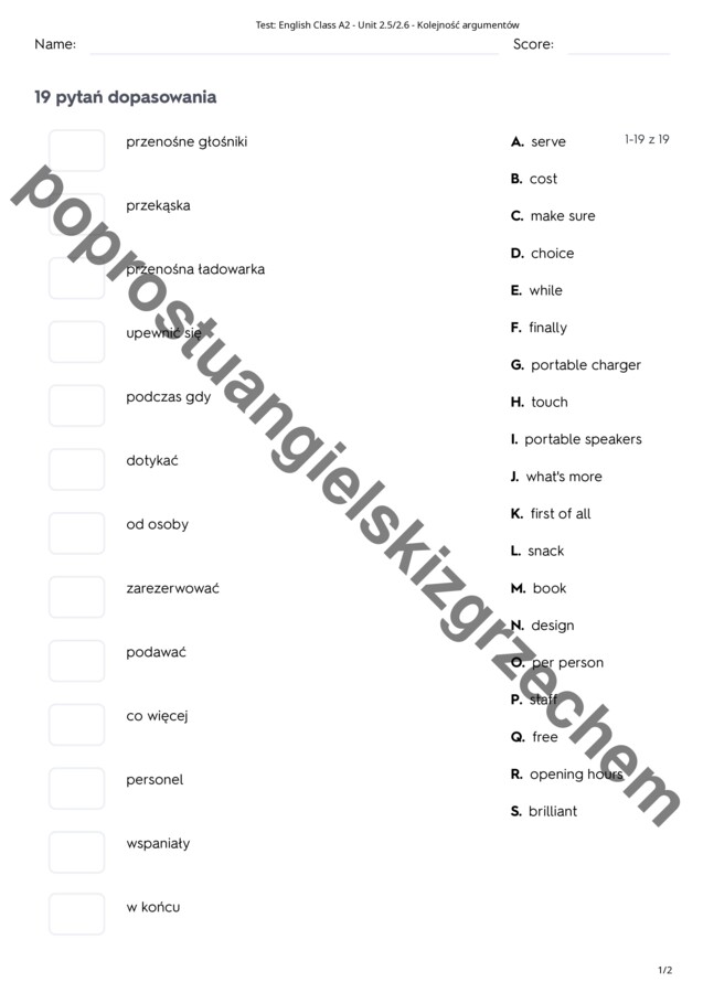 English Class A2 - Unit 2 - testy