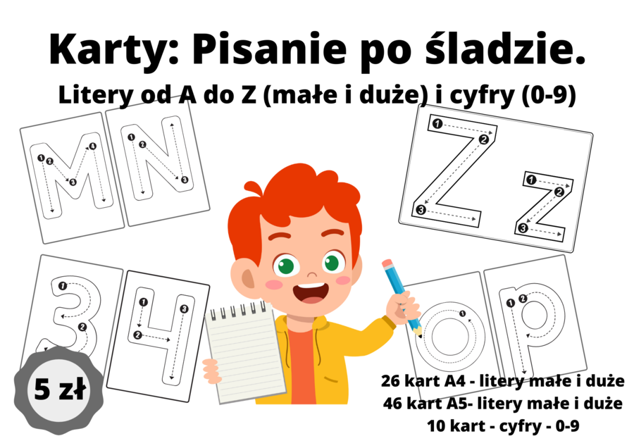 Pisanie po śladzie - Litery od A do Z i cyfry od 0 do 9. W sumie 82 karty