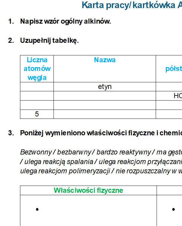 Karta pracy / kartkówka ALKINY