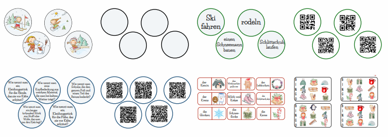 WINTER - karty obrazkowe z podpisami, karty podświetlane, zagadki, QR-kody, Domino, Bingo, fiszki, najpopularniejsze słowa związane z zimą, klasy 1-8