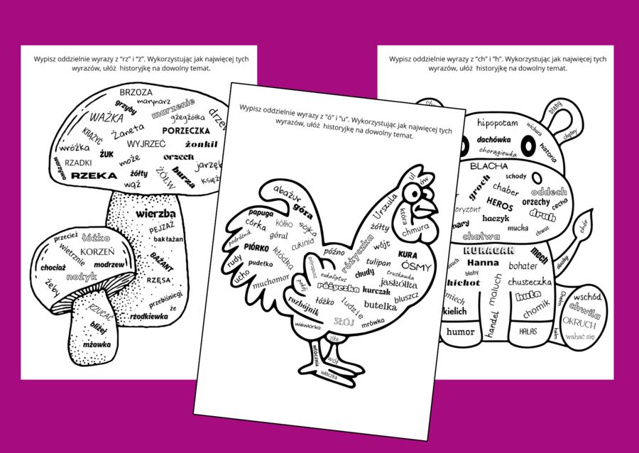 Ortograficzne CHMURY wyrazowe Ó/U, RZ/Ż, CH/H - chmura - ortografia - karta pracy - ćwiczenia redakcyjne - zestaw