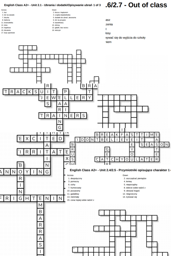 English Class A2+ – Unit 2 – krzyżówki – Ubrania i dodatki_Opisywanie ubrań/Out of class/Przymiotniki z końcówkami -ing_-ed/Przymiotniki opisujące charakter