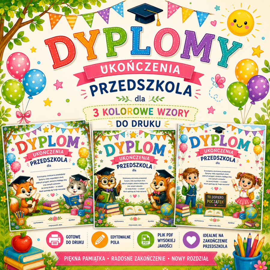 🎓 Dyplomy ukończenia przedszkola – 3 kolorowe wzory do druku (PDF)