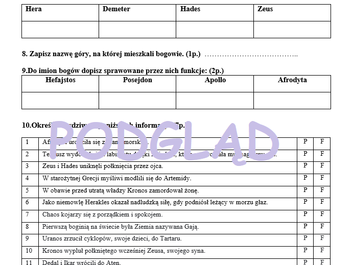 Mitologia - sprawdzian podsumowujący pracę z lekturą
