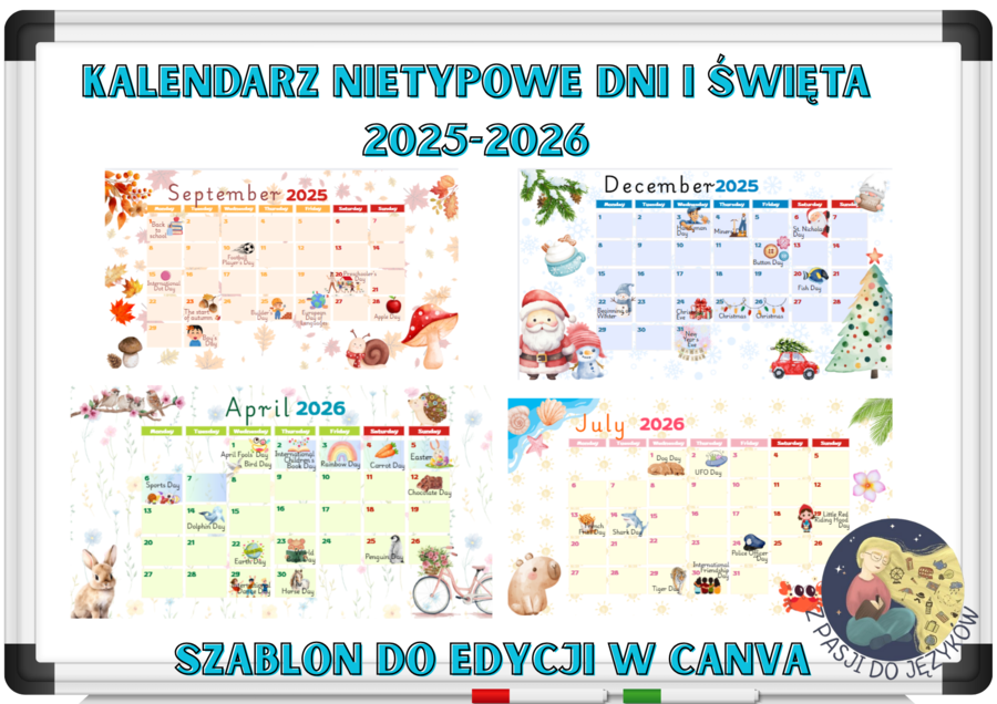 Kalendarz z wyjątkowymi dniami 2025/2026, przedszkole, świetlica, angielski w przedszkolu. Wersja angielska. Do wydruku, dodatkowo link do szablonu canva.