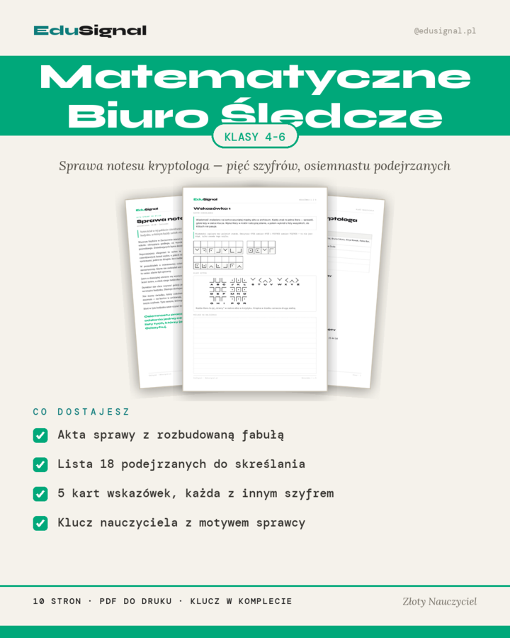 Biuro Śledcze: sprawa notesu kryptologa — gra z szyframi, klasy 4–6 (18 podejrzanych + klucz)