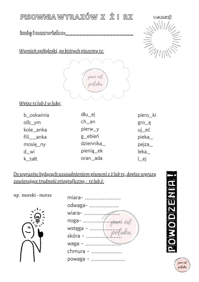 Kartkówka ortograficzna- pisownia rz i ż, klasa 4