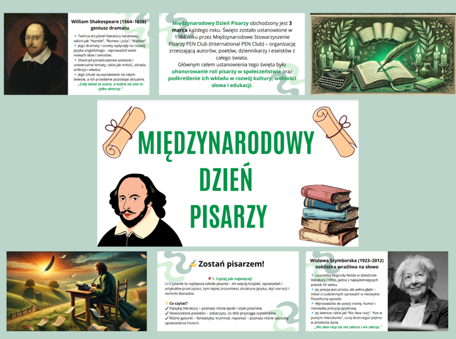 Gazetka szkolna - 3 marca - Międzynarodowy Dzień Pisarzy - szkoła podstawowa, szkoła średnia - świetlica - gazetka z języka polskiego