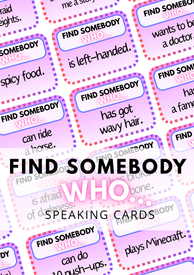 Find somebody who… – 96 speaking cards - gra językowa - kreatywny angielski - pomysł - zestaw - A2 - B1