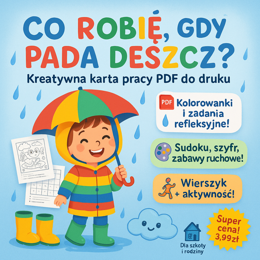 Karta pracy: „Co robię, gdy pada deszcz?” – rysowanie, kolorowanie.