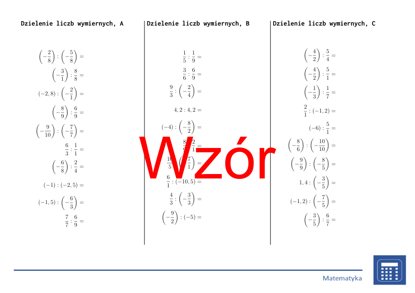 Dzielenie liczb wymiernych | matematyka | 26 kolumn