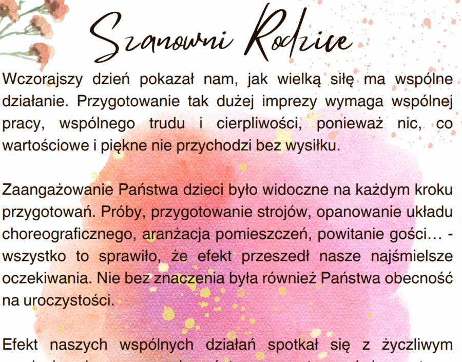 Rodzice - podziękowania, list gratulacyjny, impreza szkolna