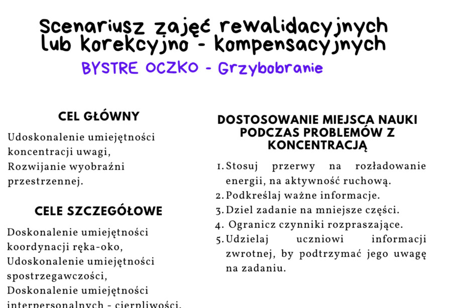 Scenariusz zajęć rewalidacyjnych lub korekcyjno — kompensacyjnych, Bystre Oczko, grzybobranie