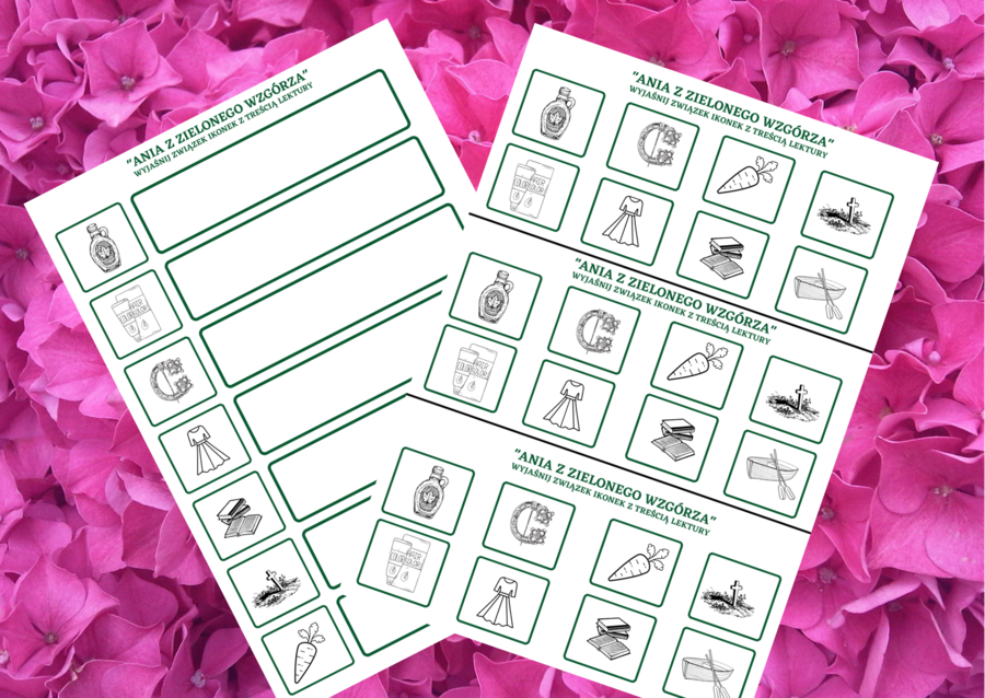 "ANIA Z ZIELONEGO WZGÓRZA" – ikonki – wklejki – karta pracy – lektury 4-6